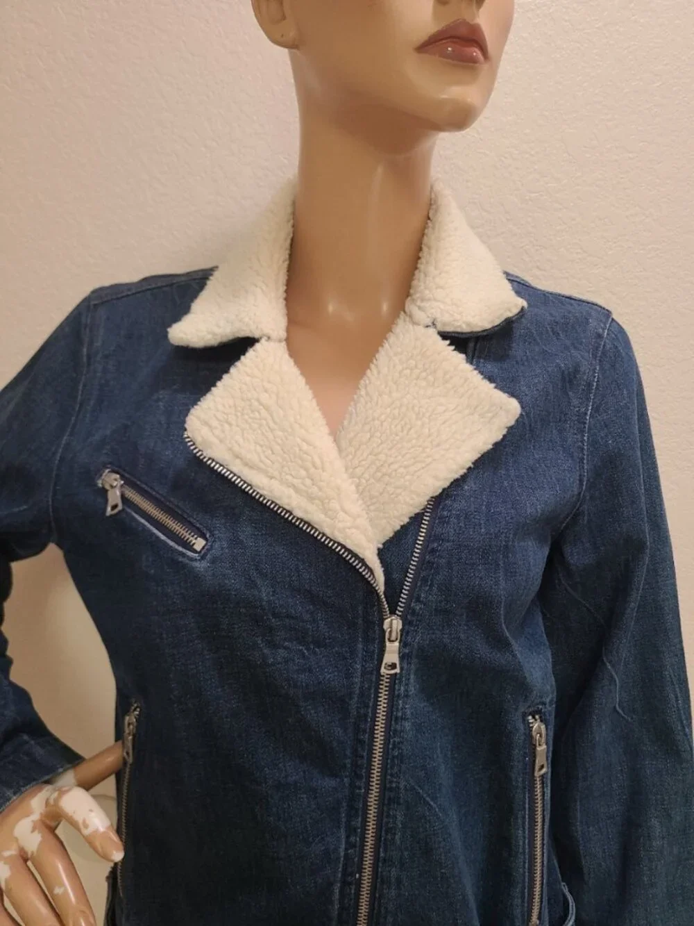 VINTAGE GAP 1969 DENIM MOTO JACKET SHEARLING COLLAR JEAN JACKET sz M - Picture 3 of 9